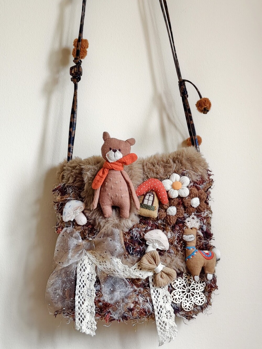 Handmade Plush Bear and Floral Crossbody Bag, Crochet Cottagecore Shoulder Bag
